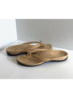 Vionic Bella II Sandals Women's 11 Gold Cork Leather Bow Orthotic Slip On Thong